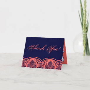 Folded Thank You Card Navy Blue Coral Damask Lace