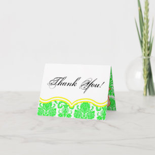 Folded Thank You Card Nein Green Pink Damask Lace