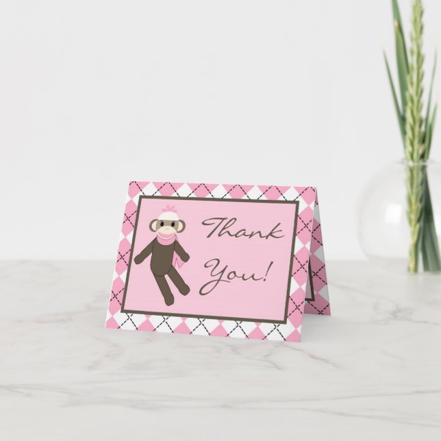 Folded Thank you Card Pink Argyle Sock Monkey (Front)
