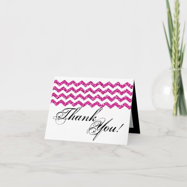 Folded Thank You Card Pink Glitter Chevron Stripe (Front)