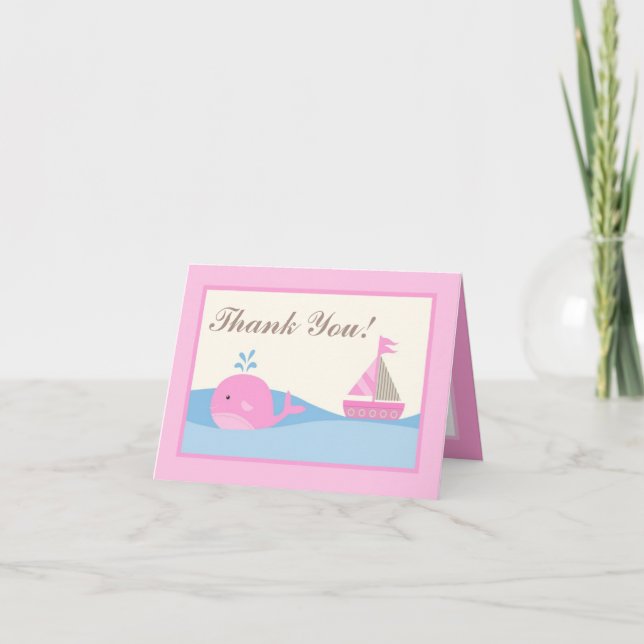 Folded Thank you Card Pink Naut Sail Boat Whale (Front)