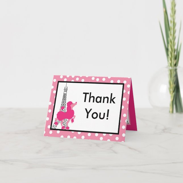 Folded Thank you Card Pink Poodle Paris Eiffel (Front)