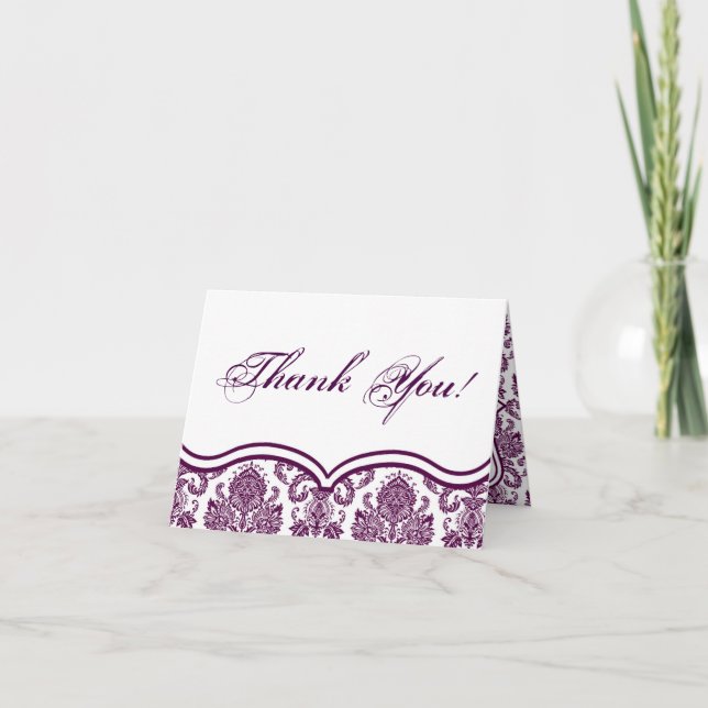 Folded Thank You Card Plum Purple Damask Lace (Front)
