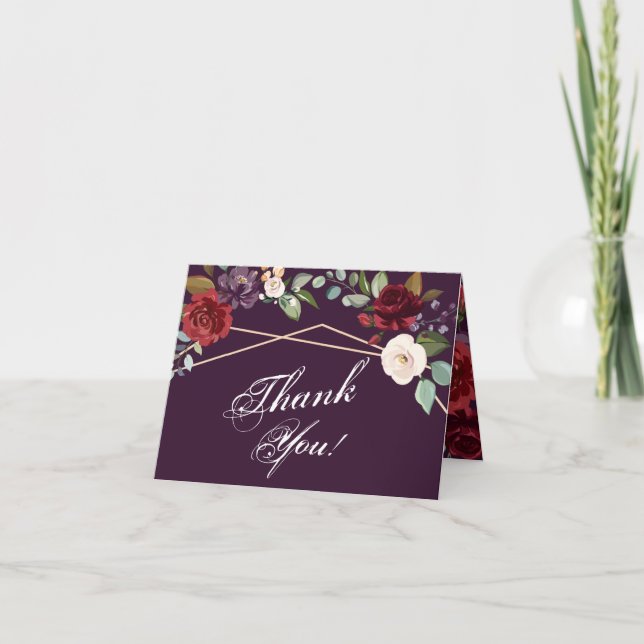 Folded Thank You Card Plum Purple Roses Gold Geome (Front)