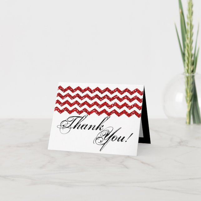 Folded Thank You Card Red Glitter Chevron Stripe (Front)