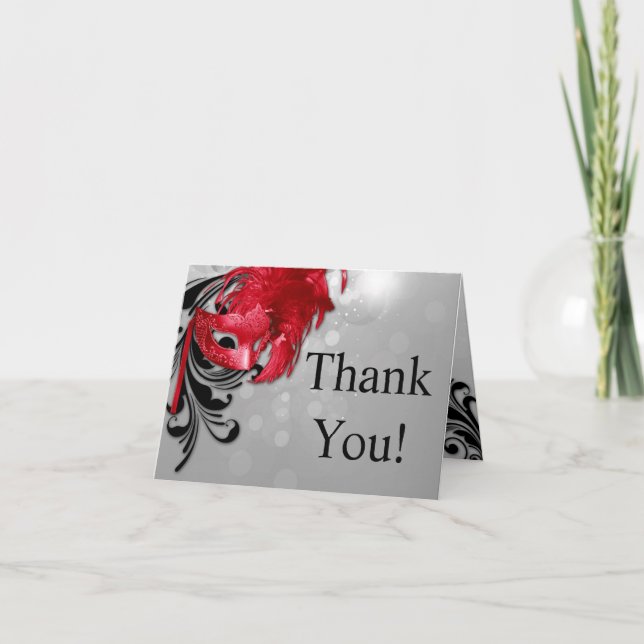 Folded Thank You Card Red on Silver Masquerade (Front)