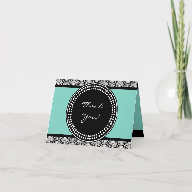 Folded Thank You Card Teal & Black Damask (Front)