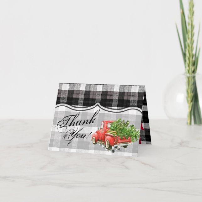 Folded Thank You Card XMAS Truck Buffalo Plaid Bla (Front)