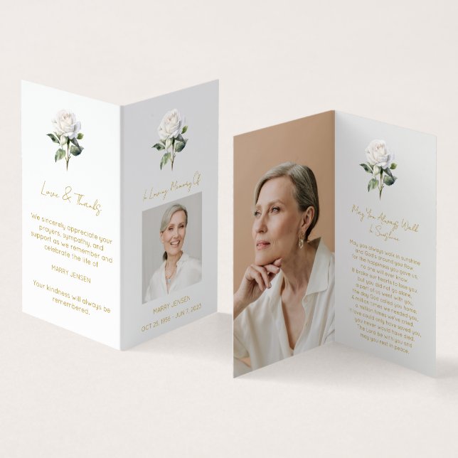 Folded White rose Photo Funeral Prayer Card (Inside and Outside)