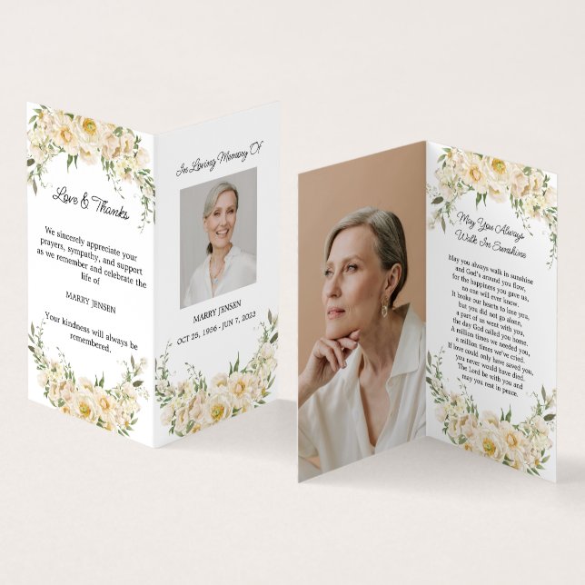 Folded White rose Photo Funeral Prayer Card (Inside and Outside)