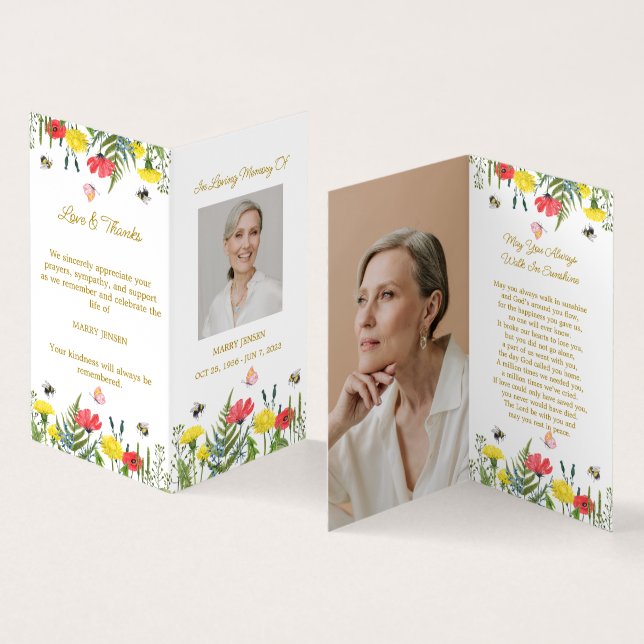 Folded Wildflower Photo Funeral Prayer Card (Inside and Outside)