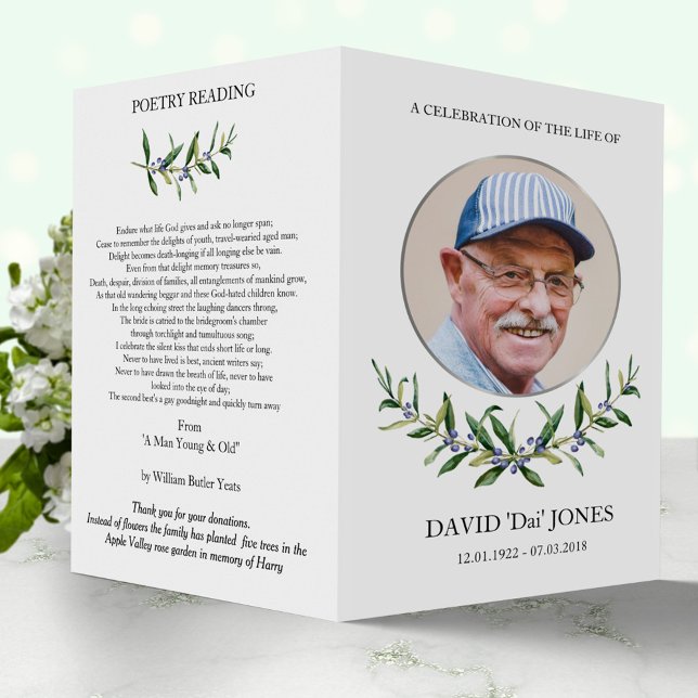 Folding obituary program, olive wreath & silver flyer (Creator Uploaded)