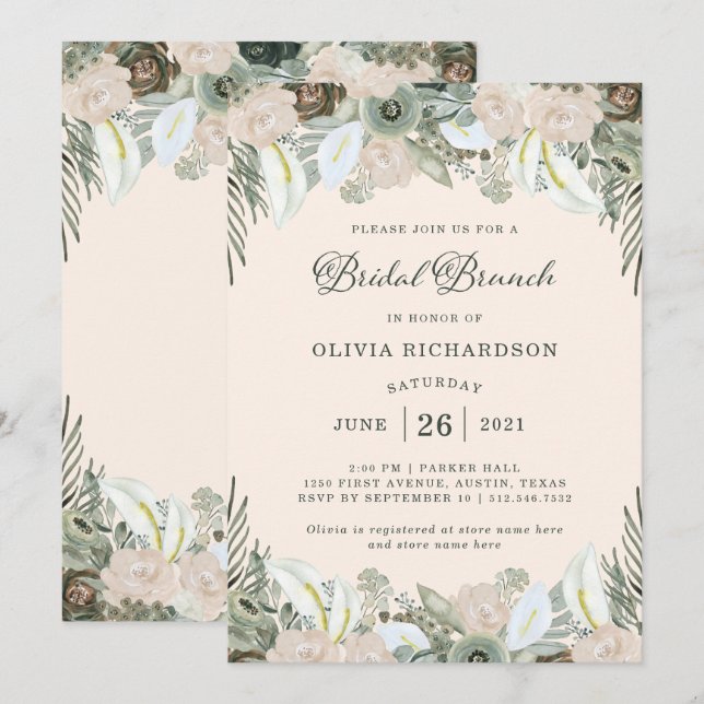 Foliage and Floral | Blush Pink Bridal Brunch Invitation (Front/Back)