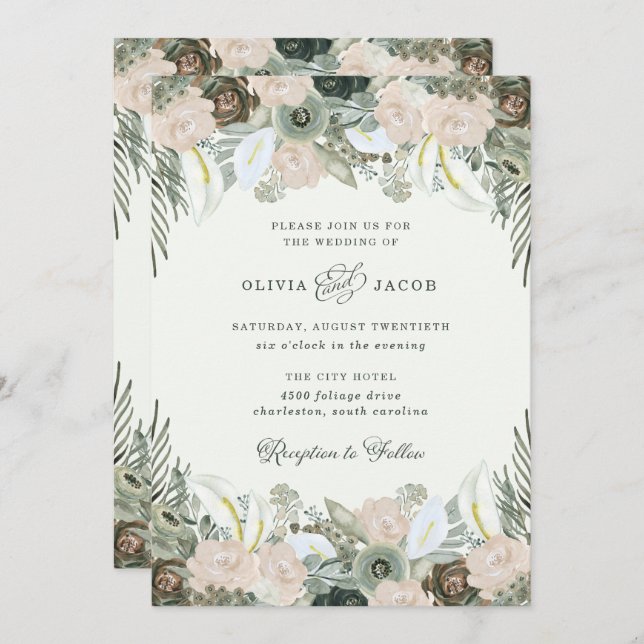 Foliage and Floral | Light Green Wedding Invitation (Front/Back)