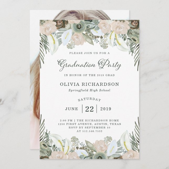 Foliage and Floral | Sage Green Grad Party Photo Invitation (Front/Back)