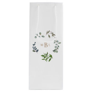 Foliage and Gold Monogram White Elegant Wedding Wine Gift Bag