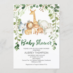 Foliage And Safari Animals Baby Shower Invitation