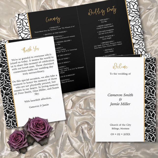 Foliage Border Wedding Day  Programme (Foliage Border Wedding Day Program - Black and White Wedding Theme)