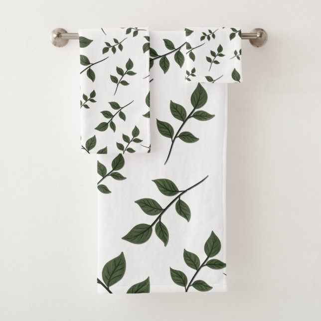 Foliage Branches with Green Leaves on White Bath Towel Set (Insitu)