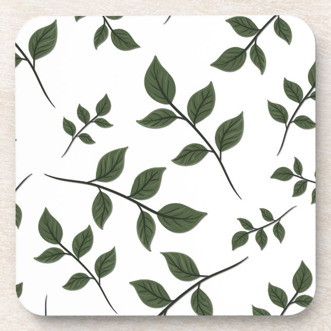 Foliage Branches with Green Leaves on White Coaster (Front)