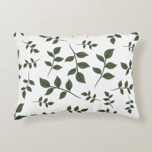 Foliage Branches with Green Leaves on White Decorative Cushion