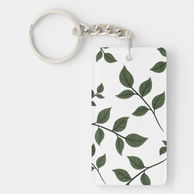 Foliage Branches with Green Leaves on White Key Ring (Front)