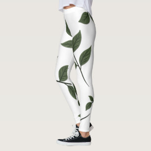 Foliage Branches with Green Leaves on White Leggings