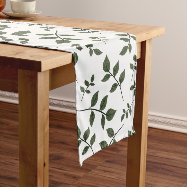 Foliage Branches with Green Leaves on White Long Table Runner (In Situ)