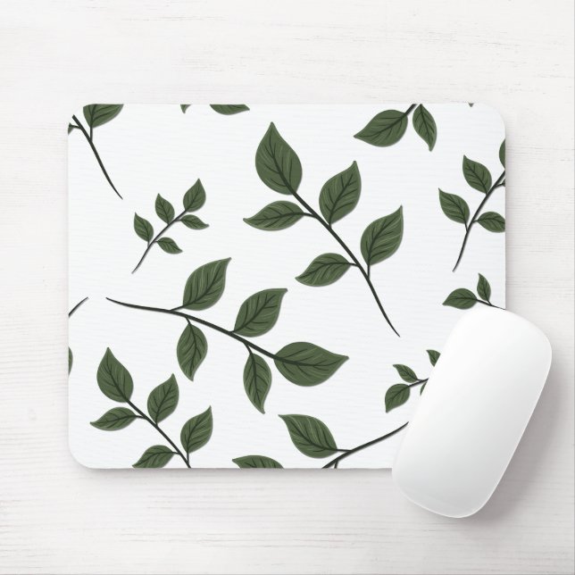 Foliage Branches with Green Leaves on White Mouse Pad (With Mouse)