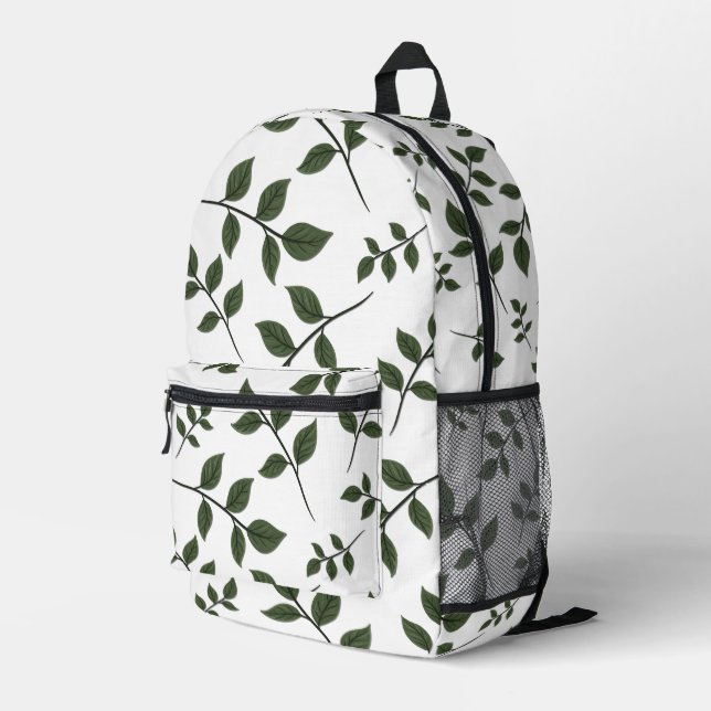 Foliage Branches with Green Leaves on White Printed Backpack (Back Corner Right)