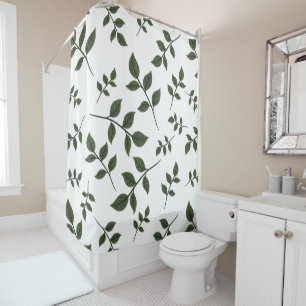 Foliage Branches with Green Leaves on White Shower Curtain