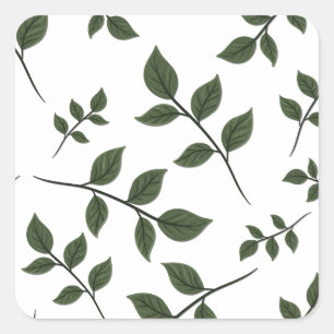 Foliage Branches with Green Leaves on White Square Sticker