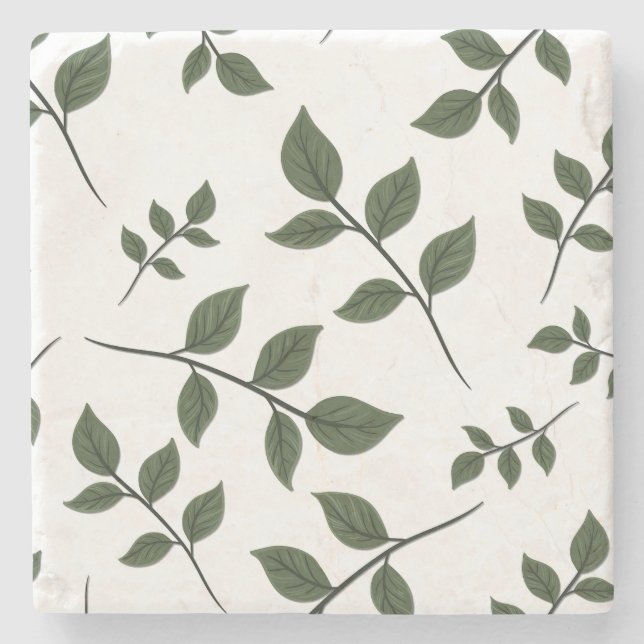 Foliage Branches with Green Leaves on White Stone Coaster (Front)