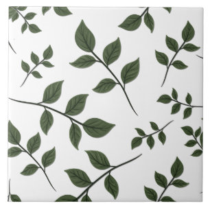 Foliage Branches with Green Leaves on White Tile