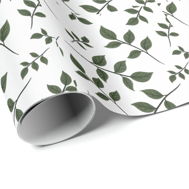 Foliage Branches with Green Leaves on White Wrapping Paper (Roll Corner)