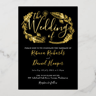 Foliage Chic Script Wedding Black And Gold Foil In