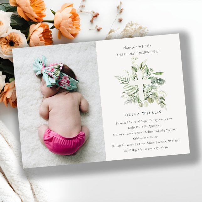 Foliage Cross First Holy Communion Photo Invite (Creator Uploaded)