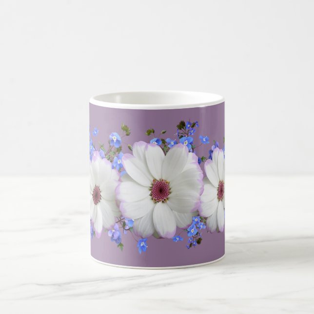 Foliage Daisy Forget Me Not on Lavender Background Coffee Mug (Center)