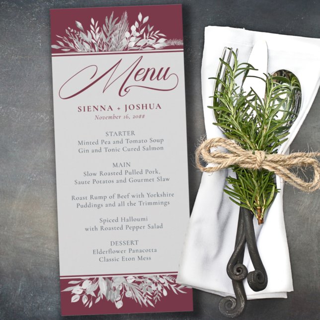Foliage Duet Burgundy Grey Botanical Wedding Menu (Creator Uploaded)