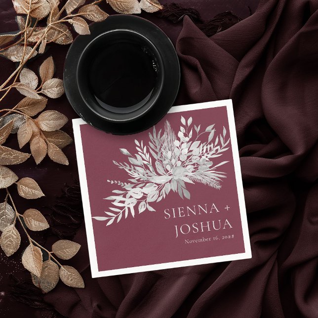 Foliage Duet Burgundy Grey Botanical Wedding Napkin (Wedding Cocktail Napkins in burgundy and grey from the Foliage Duet Collection by Darling & May)