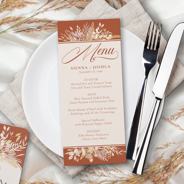 Foliage Duet Terracotta Cream Botanical Wedding Menu (Terracotta wedding menu - fully editable in burnt orange and cream)