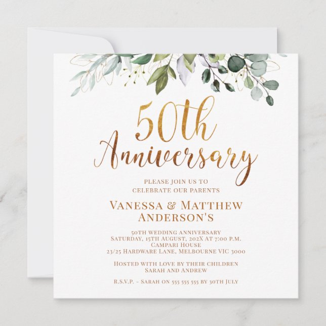 Foliage Faux Gold Calligraphy 50th Anniversary Invitation (Front)