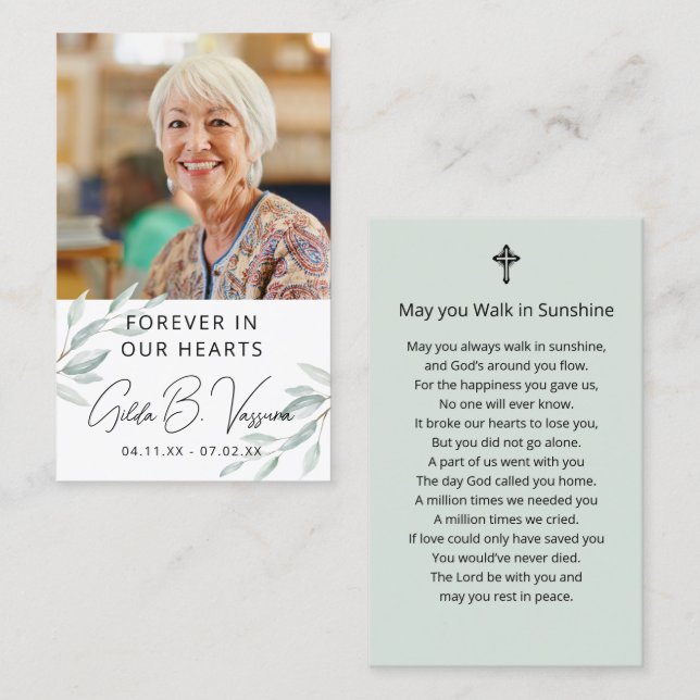 Foliage Funeral Memorial Prayer Photo Card (Front/Back)