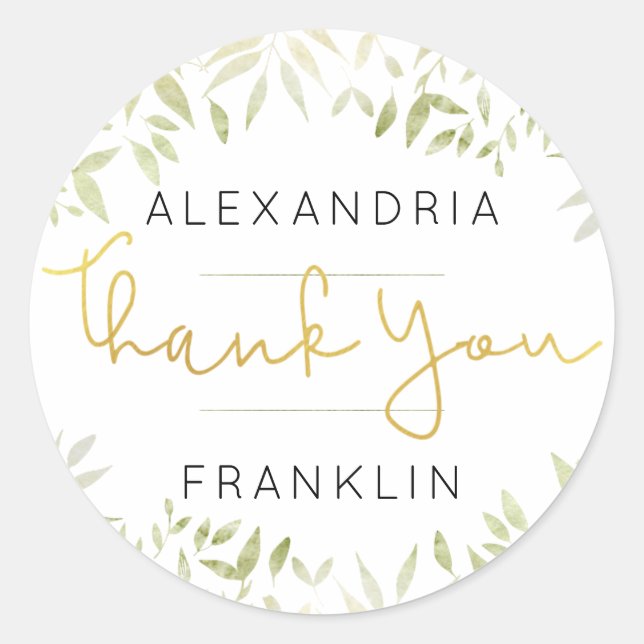 Foliage Gold Handwritten Script THANK YOU Classic Round Sticker (Front)