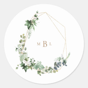 Foliage & Gold Monogram White Elegant Wedding Classic Round Sticker
