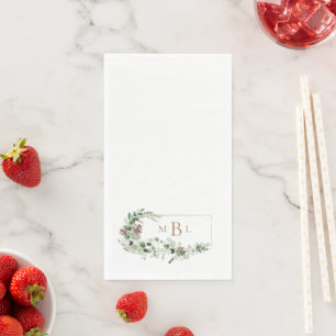 Foliage & Gold Monogram White Winter Elegant Pape Napkin