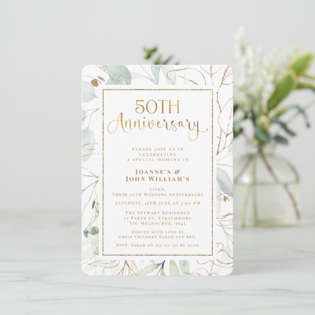 Foliage Gold Script 50th Wedding Anniversary Invitation (Standing Front)
