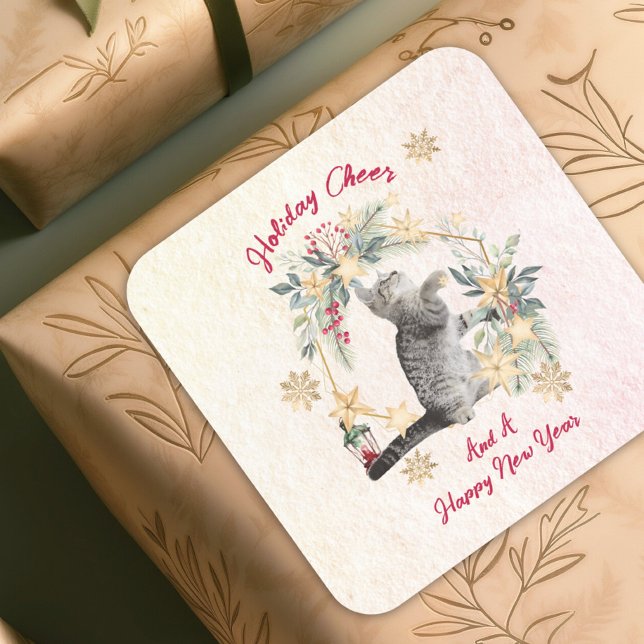 Foliage Gold Snowflakes Fun Cat New Year Christmas Square Sticker (Creator Uploaded)