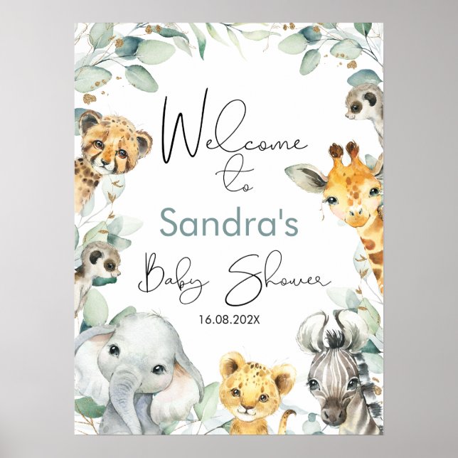 Foliage Green Gold Safari Baby Shower Welcome Sign (Front)