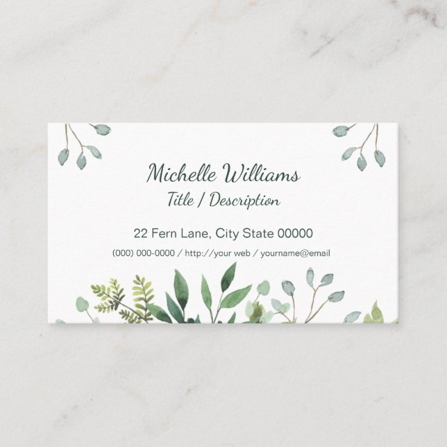 Foliage Green Leaves Watercolor Business Card (Front)
